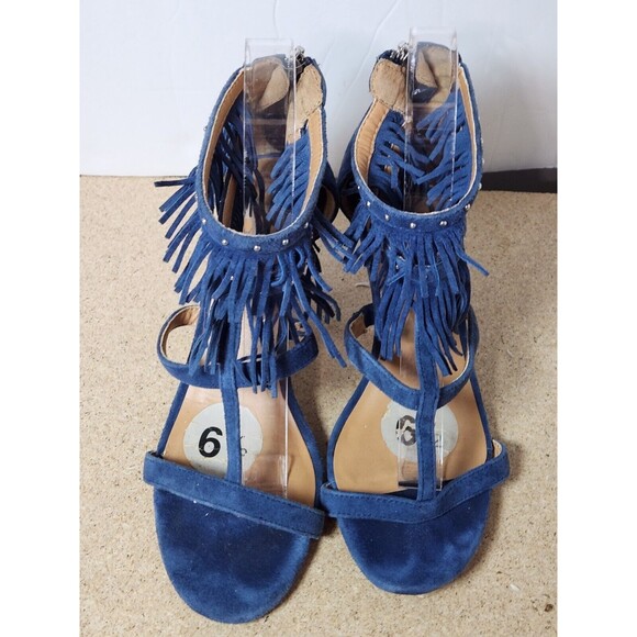 Report Elle Stiletto Heels Blue Suede Size 6.5 Fringe Strappy 4” Heel - Picture 2 of 10